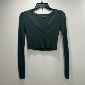V-Neck Forest Green Ribbed Button-Up Crop Top